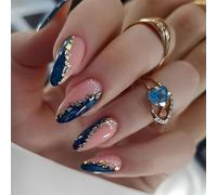 Kabwea 24 faux ongles en acrylique avec feuille d'or et marbre bleu, ongles à presser en forme d'amande moyenne, faux ongles, ongles à presser, ongles à coller