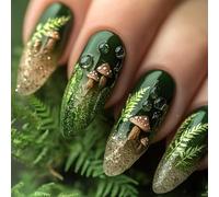 Kabwea Ongles Postiches Verts à Paillettes, Taille Moyenne, Forme Amande avec Motifs de Champignon et Feuille