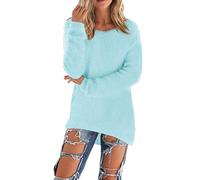 Kabxryaclo Pull Chandail Femme Mohair Tricoté Uni Manches Longues Col Rond Haut Tricot, bleu clair, 40