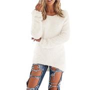 Kabxryaclo Pull en tricot mohair uni à manches longues et col rond pour femme, blanc, 36