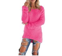 Kabxryaclo Pull en tricot mohair uni à manches longues et col rond pour femme, fuchsia, 42