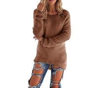 Kabxryaclo Pull en tricot mohair uni à manches longues et col rond pour femme, marron, 36