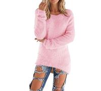 Kabxryaclo Pull en tricot mohair uni à manches longues et col rond pour femme, rose, 38