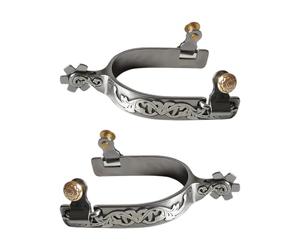 KACCDE 1 paire d'éperons d'équitation pour homme plaqué argent avec motif sculpté complexe, aspect occidental, construction solide, équipement d'équitation en bronze pour homme