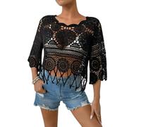 KACCDE Blouse bohème à manches 3/4 en tricot ajouré, confortable à porter, couverture de plage, ourlet à pampilles et franges