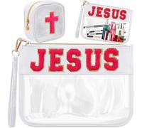 Kacctyen Lot de 2 trousses de maquillage de voyage transparentes en chenille Jésus - Organisateur de sac à main portable et polyvalent - Cadeau inspiré de la foi pour femme, blanc, Design Foi et