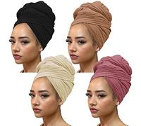 kachanaa Turban africain en jersey extensible pour cheveux longs châles de couleur unie doux et léger pour femme noire, Noir/camel/rose foncé/beige, 1 count (Pack of 1)