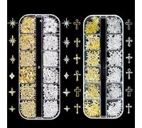 KACHIMOO Lot de 2 boîtes de pendentifs en forme de croix en 3D - Étoile dorée - Pierres précieuses pour ongles - Vintage - Alliage punk - Or/argenté - Décoration d'ongles - Accessoires pour vernis à