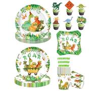 KACZUS 84 Pièces Decoration Anniversaire Dinosaure Vaisselle Jetable avec Assiette Jetable, Gobelets, Serviettes, Pailles et Décorations de Gâteau pour Anniversaire Dinosaure, Assiettes 7/9 Pouces