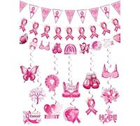 KACZUS Kit Décoration Octobre Rose Ruban Rose - Bannière Guirlande 12 Cartes Double Face 12 Suspensions Spirales Pour Sensibilisation Cancer du Sein