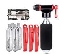 Kadacha Kit de gonflage CO2 avec 5 Cartouches filetées CO2 de 16 g - Compatible avec Les valves Presta et Schrader - Pompe de Pneu de vélo CO2 Portable avec kit Multi-Outils de réparation de vélo