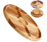 KADAX Assiette rotative en bois naturel, diamètre 33,5 cm, avec compartiments pour servir des frites, des sauces, des collations et de la viande (bois de frêne)