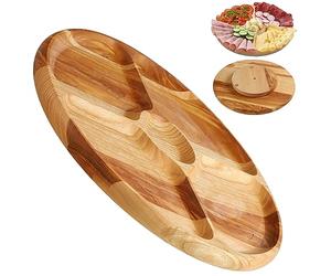 KADAX Assiette rotative en bois naturel, diamètre 33,5 cm, avec compartiments pour servir des frites, des sauces, des collations et de la viande (bois de frêne)