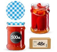 KADAX Bocaux de 500 ml, Pots en Verre avec Couvercle Hermétique de 82mm pour la Conservation des Aliments, Idéals pour Confitures et Miel (Carreaux Bleus, Lot de 48)