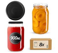 KADAX Bocaux en verre de 900 ml, Pots de Conservation avec Couvercles Hermétiques pour Conserver les Confitures et Cornichons (Noir Mat, Lot de 8)