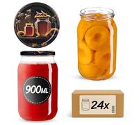 KADAX Bocaux en verre de 900 ml, Pots de Conservation avec Couvercles Hermétiques pour Conserver les Confitures et Cornichons (Miel Noir, Lot de 24)