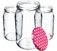 KADAX Bocaux en verre de 900 ml, Pots de Conservation avec Couvercles Hermétiques pour Conserver les Confitures et Cornichons (Points Roses, Lot de 48)