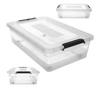 KADAX Boîte de rangement avec couvercle, boîte à jouets, récipient en plastique robuste avec fermeture à clic, boîte de rangement (transparent, 28 l)