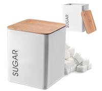 KADAX Boîte de Rangement en Acier Revêtu de Poudre avec Couvercle en Bois pour Thé, Café, Sucre et Autres Ingrédients Essentiels de la Cuisine (Sugar, Blanc)