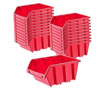 KADAX Boîtes de Rangement Murales, Boîtes Empilables en Plastique pour Organiser Vos Outils, Bacs à Bec pour Garage (Lot de 20 : Rouge, 195 x 120 mm)