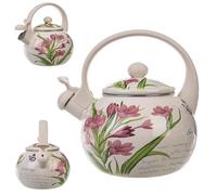 KADAX Bouilloire Sifflante en Acier 2.2L, Théière Émaillée pour Cuisinières à Induction et à Gaz, Dotée d'une Poignée Ergonomique et d'un Sifflet Intégré (Fleurs roses)