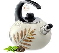 KADAX Bouilloire Sifflante en Acier 2.2L, Théière Émaillée pour Cuisinières à Induction et à Gaz, Dotée d'une Poignée Ergonomique et d'un Sifflet Intégré (Feuilles)