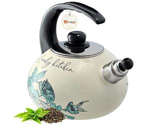 KADAX Bouilloire Sifflante en Acier 2.2L, Théière Émaillée pour Cuisinières à Induction et à Gaz, Dotée d'une Poignée Ergonomique et d'un Sifflet Intégré (Fleurs)