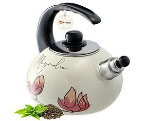 KADAX Bouilloire Sifflante en Acier 2.2L, Théière Émaillée pour Cuisinières à Induction et à Gaz, Dotée d'une Poignée Ergonomique et d'un Sifflet Intégré (Magnolia)