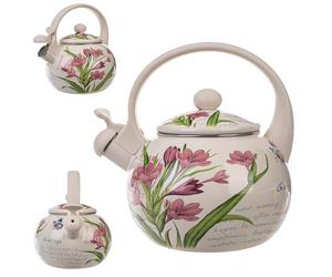 KADAX Bouilloire Sifflante en Acier 2.2L, Théière Émaillée pour Cuisinières à Induction et à Gaz, Dotée d'une Poignée Ergonomique et d'un Sifflet Intégré (Fleurs roses)