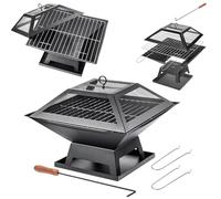 KADAX Brasero en acier, 46 x 36 cm, brasero avec pare-étincelles, tisonnier et grille, brasero d'extérieur pour jardin et terrasse (noir)