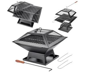KADAX Brasero en acier, 46 x 36 cm, brasero avec pare-étincelles, tisonnier et grille, brasero d'extérieur pour jardin et terrasse (noir)