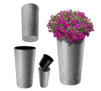 KADAX Cache-Pot décoratif béton Gris ⌀ 14 cm x H 26,1 cm, Plastique avec éclats de Bois, Insert Amovible - Pot Compact pour Petite Plante
