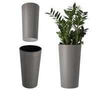 KADAX Cache-Pot décoratif Gris ⌀ 25 cm x H 47 cm, Plastique avec éclats de Bois, Insert Amovible - Pot de Fleurs élégant pour intérieur ou extérieur