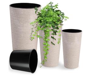 KADAX Cache-Pots décoratifs Lot de 3 crème H 36,8 47 57,5 cm - pour déco du Salon avec Plantes Vertes - Plastique avec éclats de Bois et Insert Amovible
