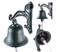 KADAX Cloche de porte en fonte, cloche de jardin avec cordon, cloche murale décorative de style rustique, cloche pour porte extérieure, sonnette murale (vert)