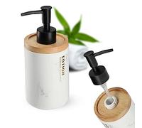 KADAX Distributeur de savon pour les mains, diamètre 7,5 cm, motif marbre, en plastique, couvercle bambou, distributeur pompe, deux couleurs, accessoire salle de bain, blanc