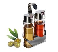 KADAX Distributeur d'huile et de vinaigre avec support, récipient en verre transparent avec couvercle en métal, distributeur d'huile, bouteilles d'épices de cuisine (argent)