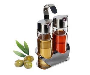 KADAX Distributeur d'huile et de vinaigre avec support, récipient en verre transparent avec couvercle en métal, distributeur d'huile, bouteilles d'épices de cuisine (argent)