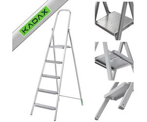 KADAX Échelle Unilatérale en Acier Avec Pieds Antidérapants, Étagère et Larges Marches - Escabeau Pliant Pour Usage Domestique (5 Marches)