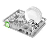 KADAX Égouttoir à vaisselle en plastique, égouttoir avec panier à couverts, panier à vaisselle, 38 x 30 x 7 cm, bac d’égouttement, support à vaisselle, rangement pour assiettes, verres, couverts (Gris