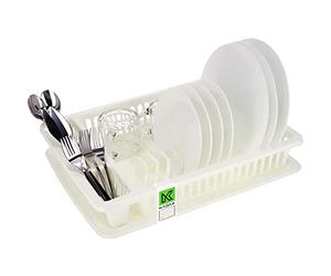 KADAX Égouttoir à Vaisselle en Plastique, Support à Vaisselle avec Panier à Couverts et Bac de Récupération d'eau pour Assiettes, Verres et Couvercles (Crème)