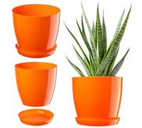 KADAX Élégant pot à fleurs/plantes avec soucoupe Forme ronde et élégante En plastique léger Pour l’intérieur et la maison Cache-pot pour fleurs, plantes Ø 20 cm Orange