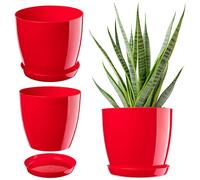 KADAX Élégant pot à fleurs/plantes avec soucoupe Forme ronde et élégante En plastique léger Pour l’intérieur et la maison Cache-pot pour fleurs, plantes Ø 20 cm rouge