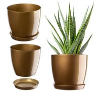 KADAX Élégant pot à fleurs/plantes avec soucoupe Forme ronde et élégante En plastique léger Pour l’intérieur et la maison Cache-pot pour fleurs, plantes Ø 14 cm or