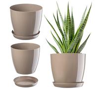 KADAX Élégant pot à fleurs/plantes avec soucoupe Forme ronde et élégante En plastique léger Pour l’intérieur et la maison Cache-pot pour fleurs, plantes Ø 14 cm beige