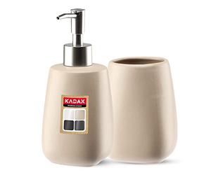 KADAX Ensemble de 2 pièces pour salle de bain en céramique, accessoires de salle de bain, distributeur de savon, récipient de salle de bain, porte-savon et brosse WC (bol et distributeur beige)