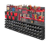 KADAX Étagère murale à outils, 156 x 78 cm, étagère murale d'atelier pour garage, kit mural à outils, système de stockage avec boîtes de rangement pour vide, plaques murales extensibles (rouge et noir