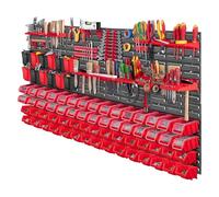 KADAX Étagère murale à outils, 156 x 78 cm, étagère murale d'atelier pour garage, kit mural à outils, système de stockage avec bacs de stockage à vue, plaques murales extensibles (rouge, 97 pièces)