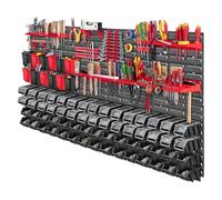 KADAX Étagère murale à outils, 156 x 78 cm, étagère murale d'atelier pour garage, kit mural à outils, système de stockage avec boîtes de rangement pour vide, plaques murales extensibles (rouge et