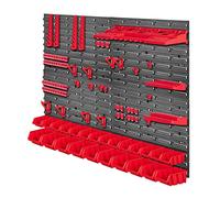 KADAX Étagère murale d'atelier, 116 x 78 cm, système de stockage en plastique robuste, étagère d'atelier résistante aux UV, plaques murales extensibles, étagère pour garage, (rouge, 67 pièces)